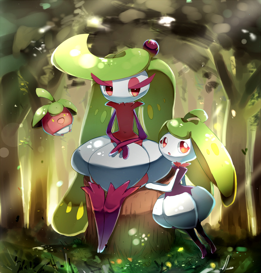 :d, bounsweet, commentary, creature, english_commentary, forest, full_body, gen_7_pokemon, grass, jaibus, nature, no_humans, open_mouth, outdoors, pokemon, pokemon_(creature), sitting, smile, standing, steenee, sunlight, tree, tree_stump, tsareena