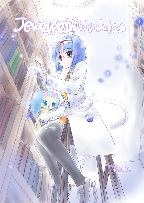 1girl, black_legwear, blue_hair, book, bookshelf, brown_footwear, creature, glasses