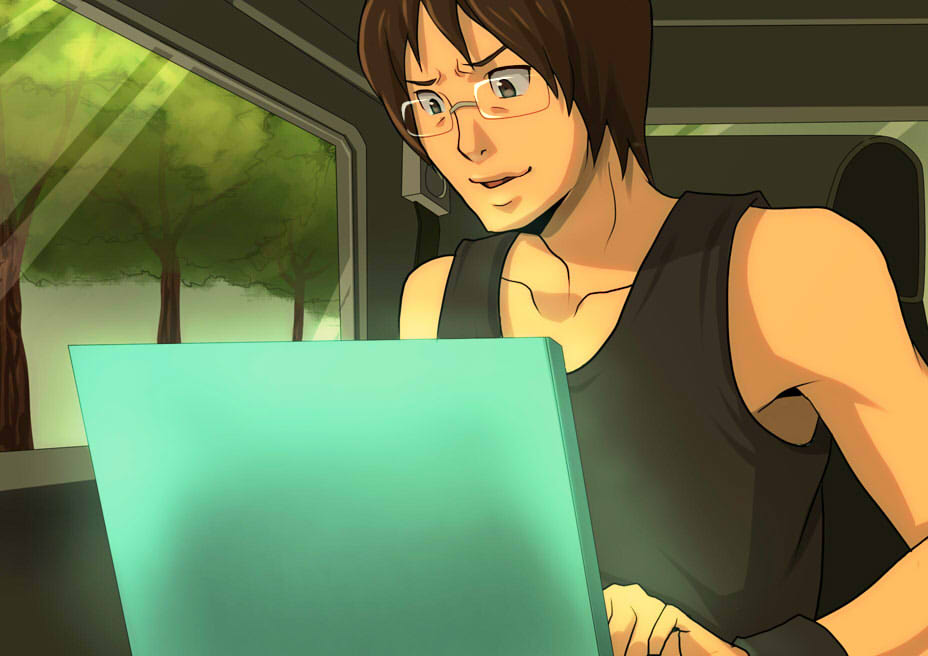 1boy, black_shirt, brown_hair, car_interior, computer, day, dennou_coil, glasses
