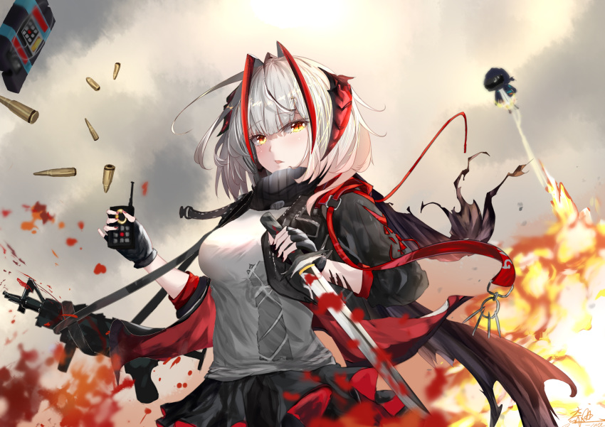 1girl, 1other, 60yifenzhi1deqiji, arknights, bangs, black_gloves, black_jacket, black_skirt