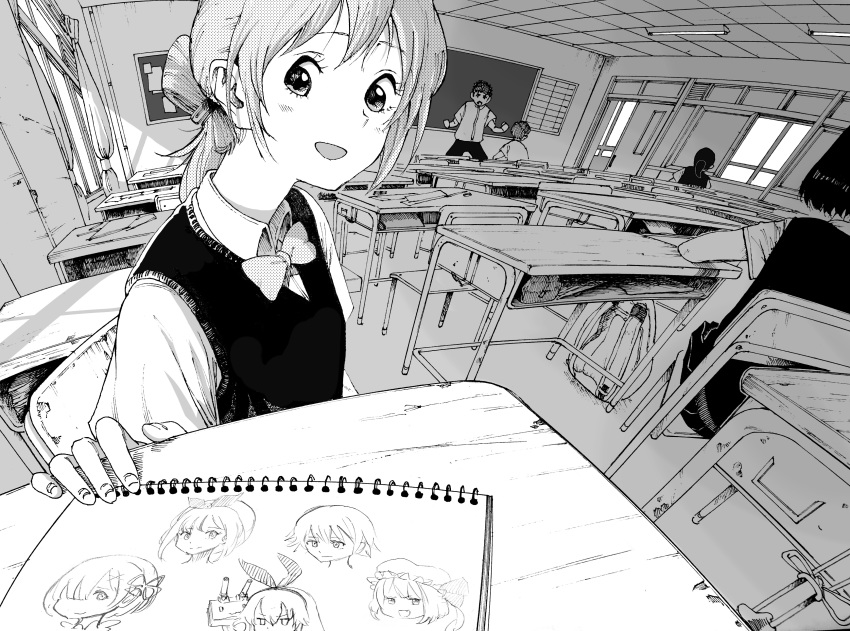 1girl, absurdres, bangs, character_request, classroom, commentary_request, desk, fisheye