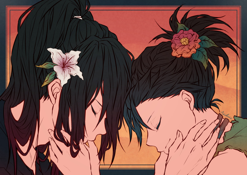 1boy, 1girl, absurdres, black_hair, closed_eyes, dororo_(character), dororo_(tezuka), flower, highres, hyakkimaru_(dororo), ichi_asakura, leaf, long_hair, messy_hair, ponytail, profile, red_flower, smile, white_flower