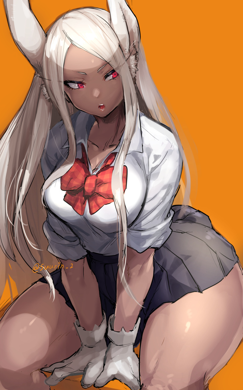 1girl, animal_ears, boku_no_hero_academia, bow, bowtie, breasts, dark_skin, gloves