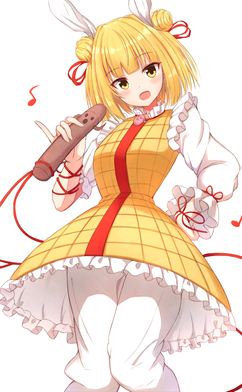 1girl, absurdres, bangs, blonde_hair, blunt_bangs, commentary_request, double_bun, dress