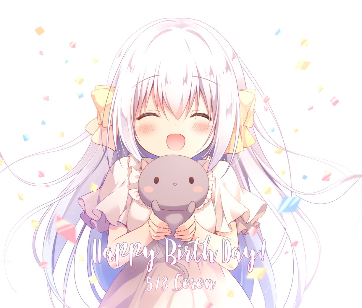 1girl, :d, ^_^, animal, bangs, blush, blush_stickers, bow