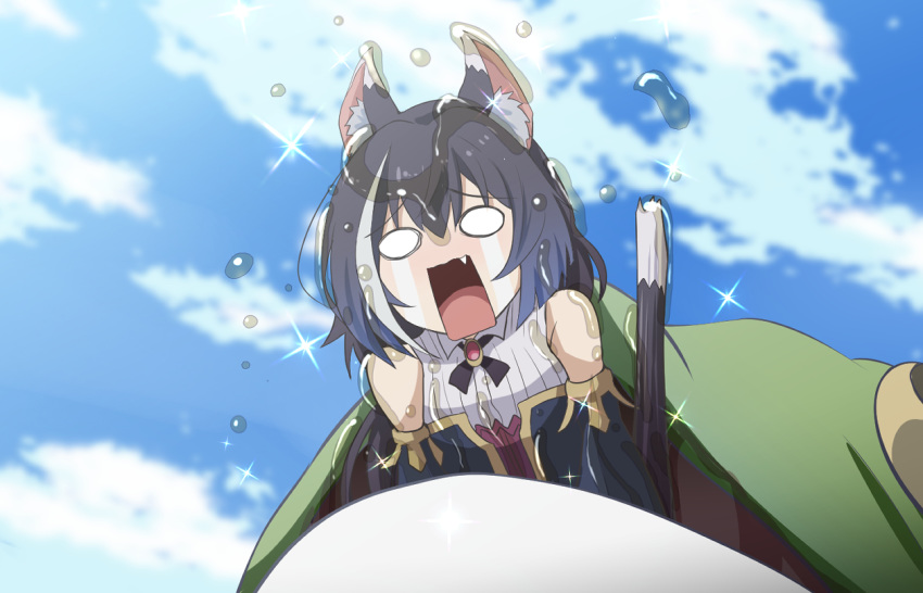 animal_ears, black_hair, cat_ears, cat_girl, cat_tail, detached_sleeves, dress, frog