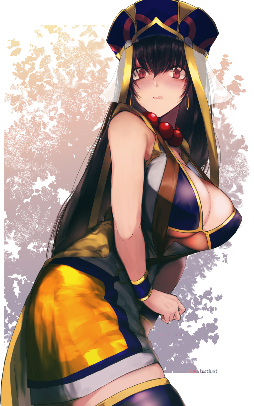 1girl, bead_necklace, beads, bikini, bikini_top, black_hair, blush, bridal_gauntlets