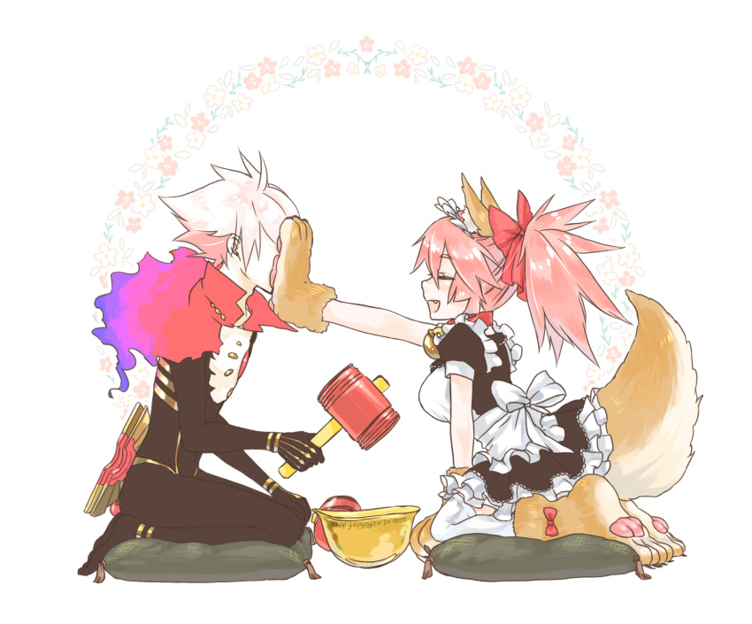 1boy, 1girl, animal_ear_fluff, animal_ears, apron, bell, bell_collar, cat_paws, chest_jewel, closed_eyes, collar, commentary, commentary_request, dark_skin, dark_skinned_male, fangs, fate/grand_order, fate_(series), fox_ears, fox_girl, fox_tail, fur_collar, gloves, hair_ribbon, hammer, highres, holding, holding_hammer, jingle_bell, karna_(fate), long_hair, open_mouth, paw_gloves, paw_shoes, paws, pink_hair, ponytail, red_ribbon, ribbon, shio_(fclef_disco), shoes, sitting, tail, tamamo_(fate)_(all), tamamo_cat_(fate), white_hair, white_legwear