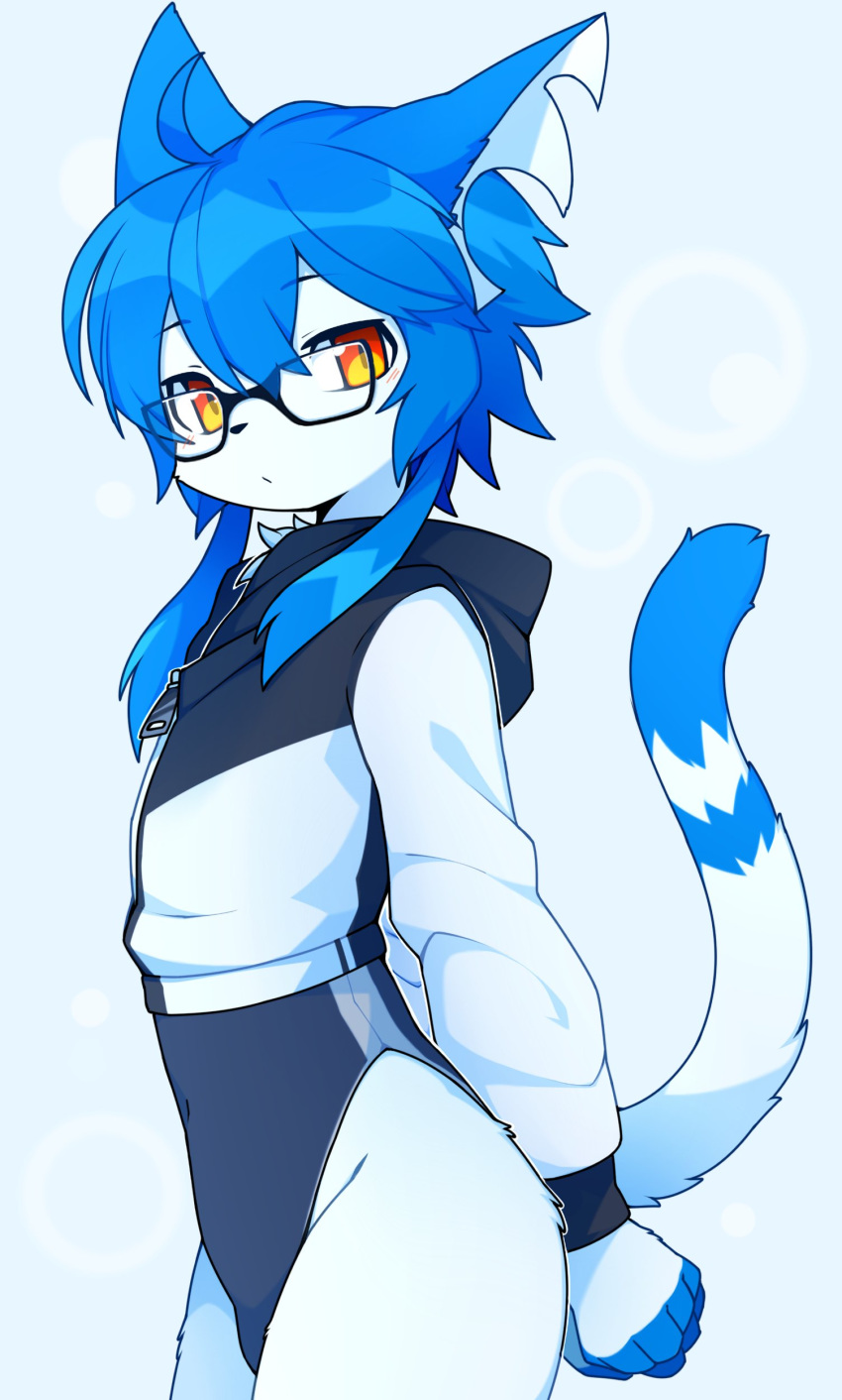 1boy, absurdres, ahoge, animal_ears, arms_behind_back, black-framed_eyewear, blue_hair, blush
