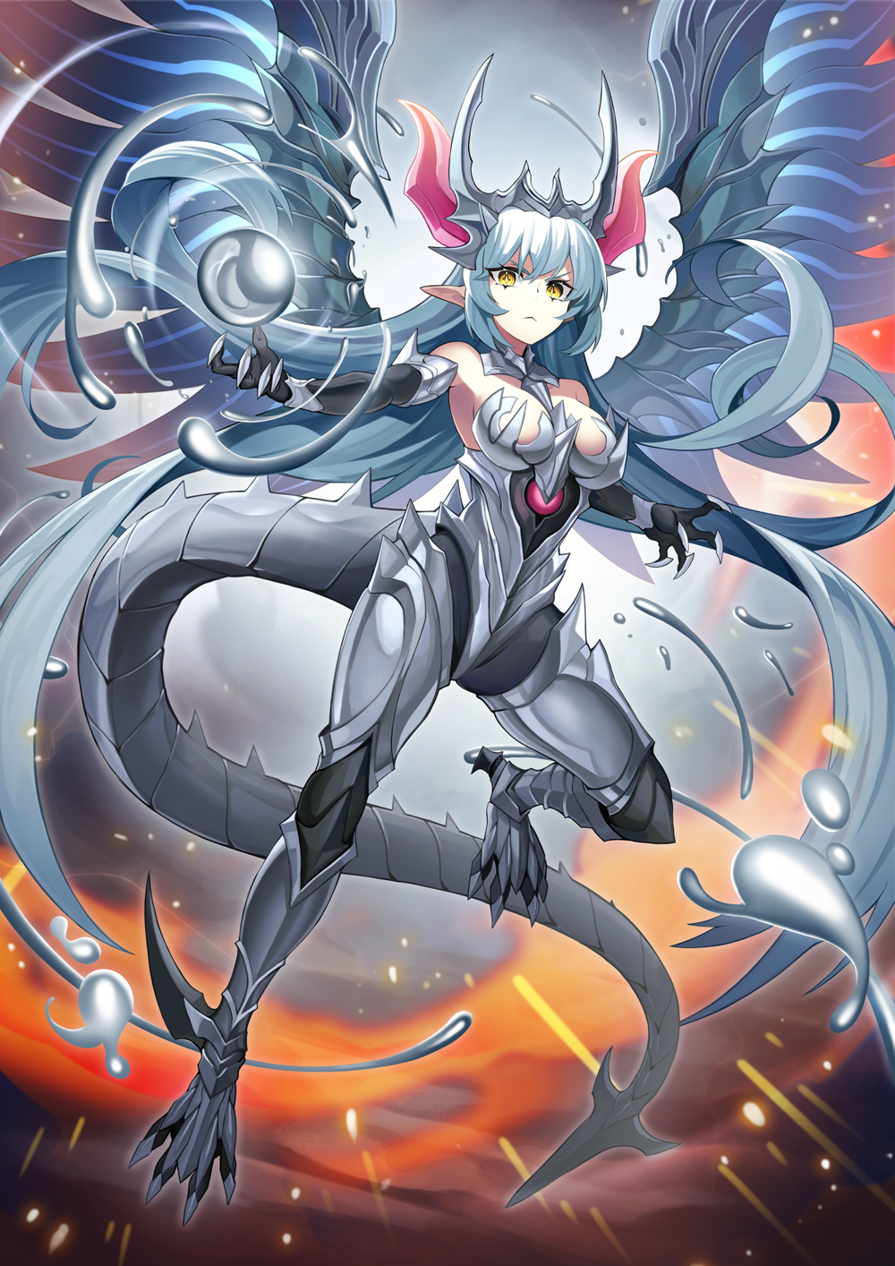 >:(, +_+, 1girl, absurdly_long_hair, armor, baniran_dorosu, bare_shoulders, breasts, claws, commentary_request, dragon_girl, dragon_horns, dragon_tail, dragon_wings, elbow_gloves, fantasy, flying, gloves, highres, horns, long_hair, looking_at_viewer, medium_breasts, mercury_(element), original, pointy_ears, silver, solo, tail, very_long_hair, white_hair, wings, yellow_eyes