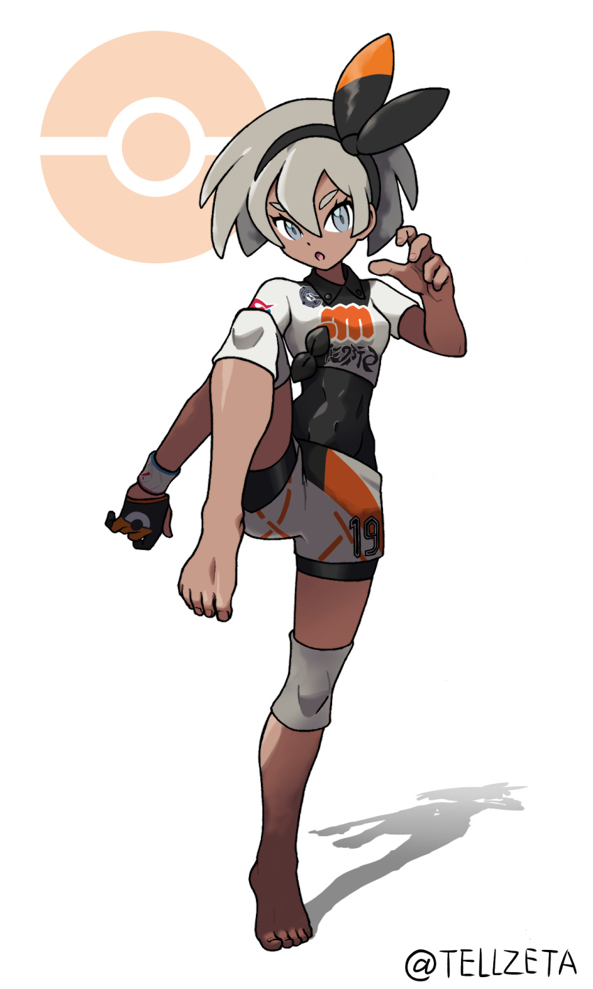 1girl, :o, abs, barefoot, blue_eyes, grey_hair, gym_leader, gym_leader_jersey, hair_ornament, hair_ribbon, hairband, highres, kiaki_hiqagi, leg_up, midriff, navel, poke_ball, pokemon, pokemon_(game), pokemon_swsh, ribbon, saitou_(pokemon), shadow, simple_background, solo, toes, white_background