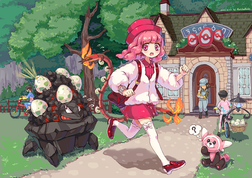 ?, backpack, bag, bicycle, centiskorch, coalossal, commentary, door, egg, english_commentary, flame_body_(pokemon), galar_route_5, gameplay_mechanics, gen_7_pokemon, gen_8_pokemon, ground_vehicle, holding_egg, house, matchaneko, medium_hair, pokemon, pokemon_(game), pokemon_egg, pokemon_nursery, pokemon_swsh, red_footwear, riding, running, shoes, stufful, thought_bubble, window, yuuri_(pokemon)