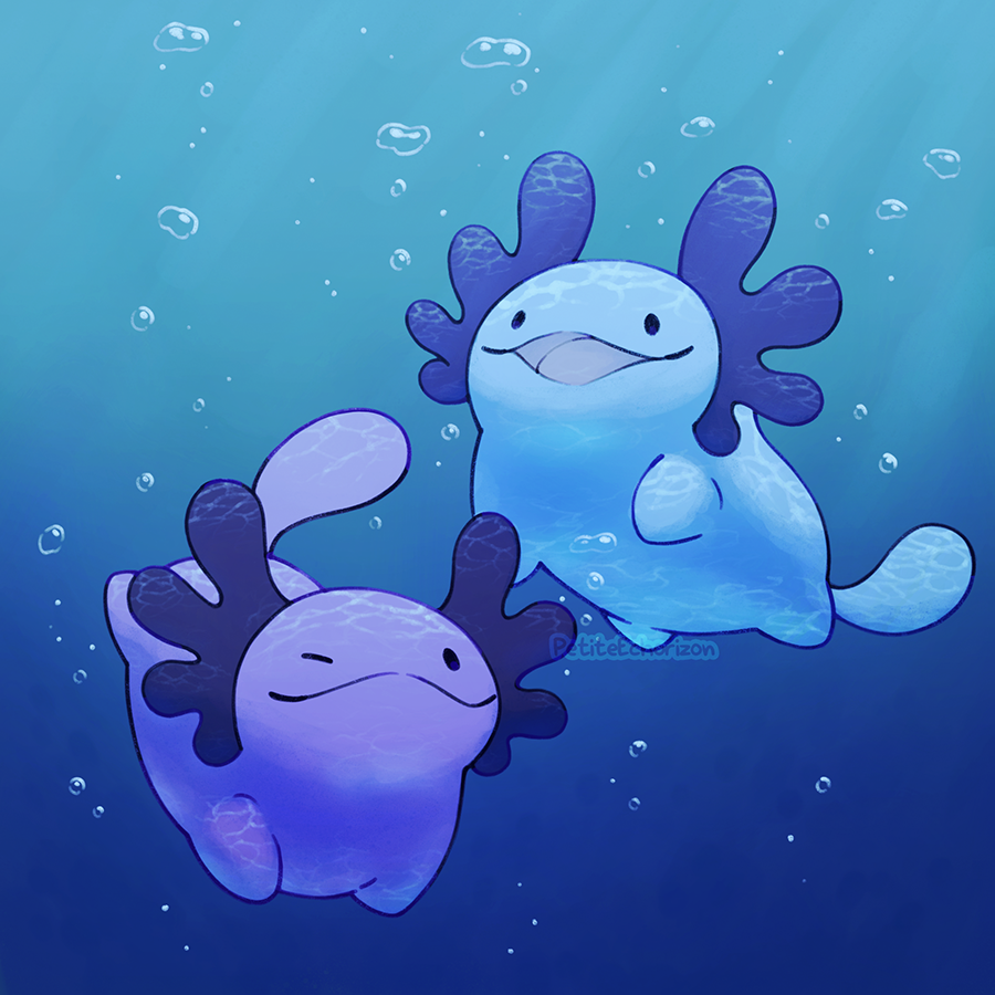 ._., :d, beta_pokemon, bubble, closed_mouth, commentary, creature, english_commentary, full_body, happy, looking_at_viewer, madame_(wooper), no_humans, one_eye_closed, open_mouth, petite_echorizon, pokemon, pokemon_(creature), pokemon_(game), pokemon_gsc, pokemon_gsc_beta, prototype, signature, smile, underwater, water