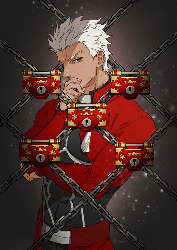 1boy, archer, armor, chain, covering_mouth, dark_skin, expressionless, fate/stay_night