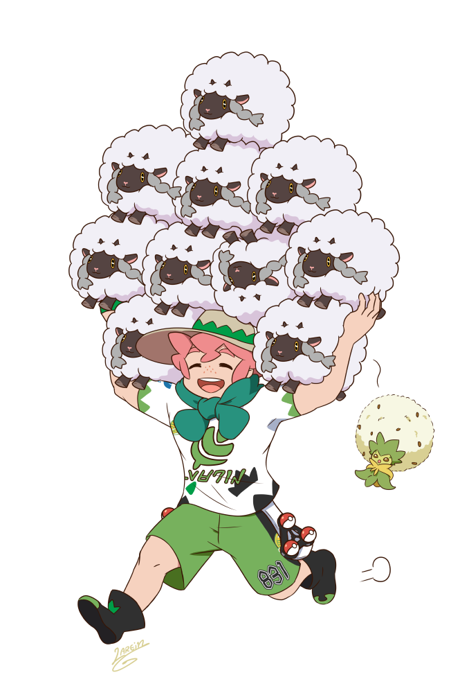 1boy, :d, ^_^, closed_eyes, commentary, eldegoss, english_commentary, gen_8_pokemon