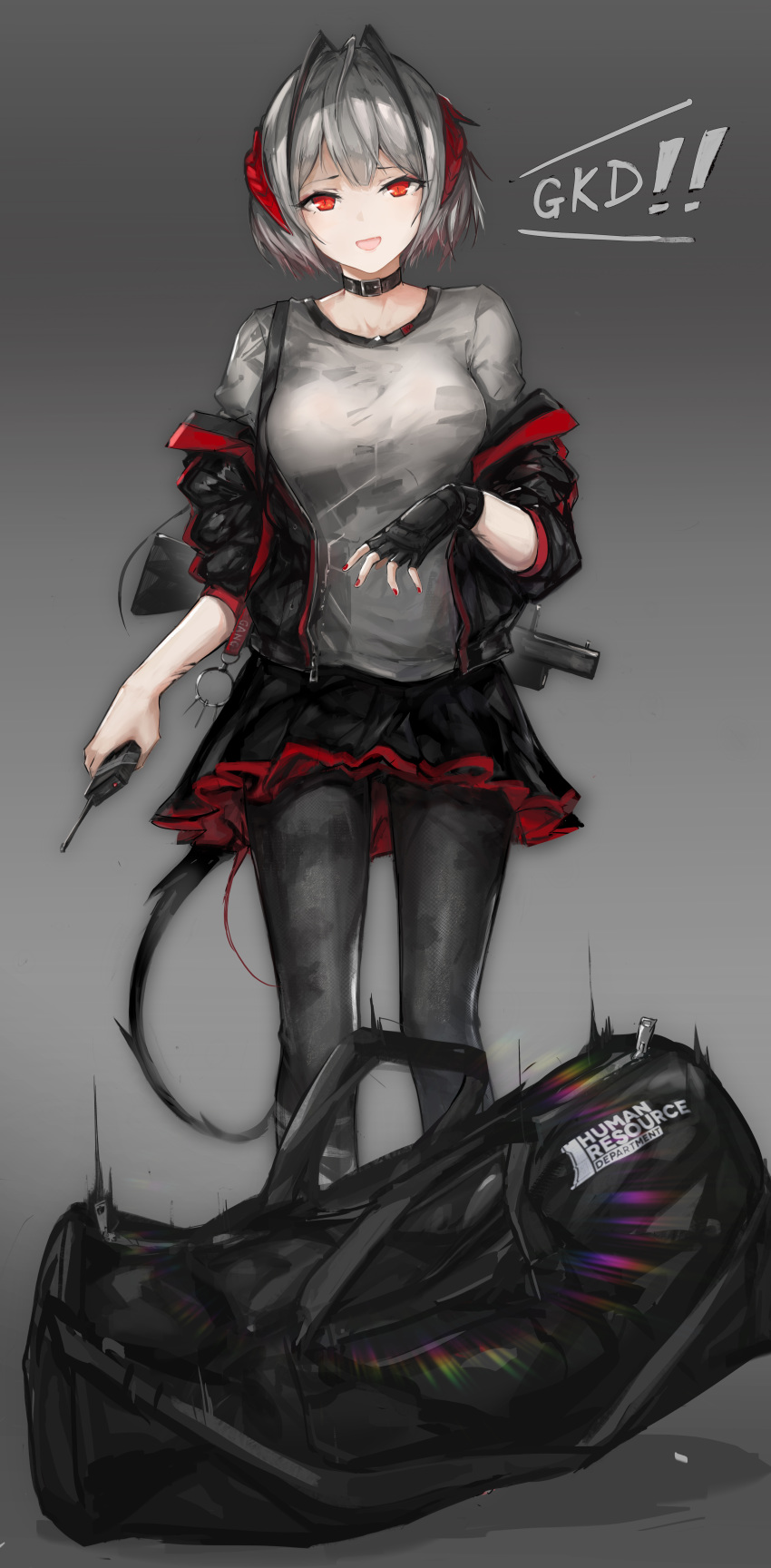 1girl, absurdres, arknights, assault_rifle, bag, black_jacket, black_legwear, black_scarf