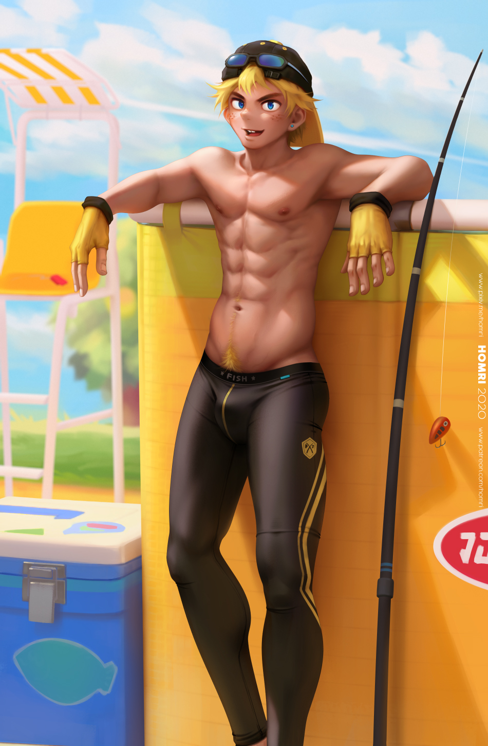 1boy, bara, bike_shorts, blonde_hair, blue_eyes, bulge, doubutsu_no_mori, earrings, eyewear_on_head, fingerless_gloves, fishing_rod, freckles, gloves, hat, highres, homri, jewelry, justin_(doubutsu_no_mori), muscle, open_mouth, personification, pubic_hair, shirtless, sky, solo, sunglasses, teeth