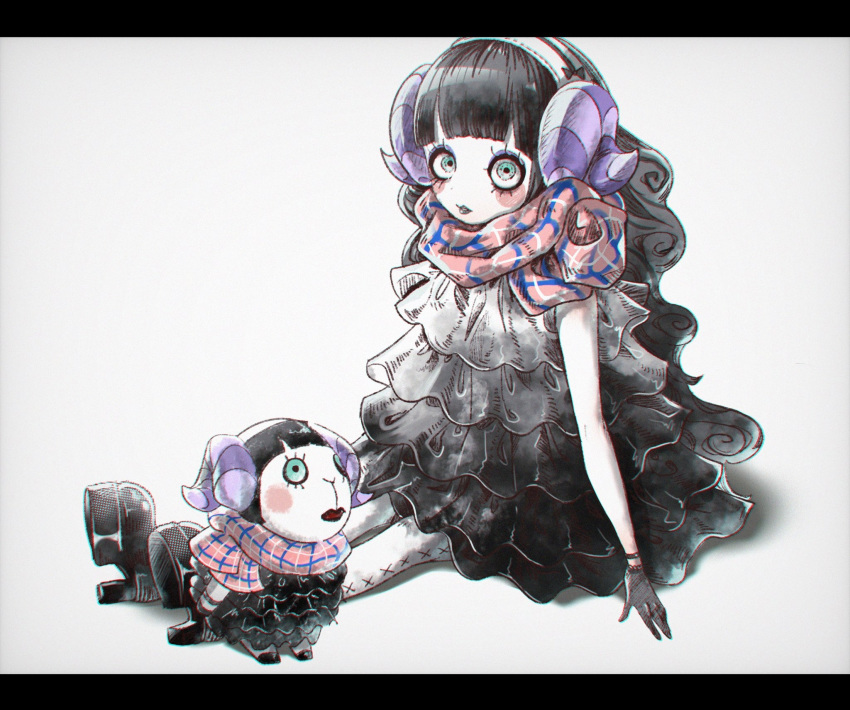 1girl, black_hair, boots, doubutsu_no_mori, dress, frill_(doubutsu_no_mori), furry, gb_minami_muzo, gloves, green_eyes, hair_ornament, high_heel_boots, high_heels, highres, horns, long_hair, makeup, personification, scarf, sheep, sheep_horns, sitting, solo, teeth, thigh-highs