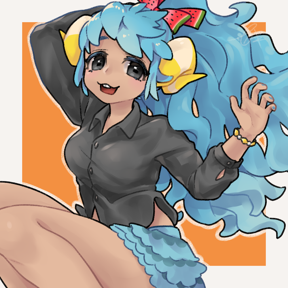 1girl, b-grlew, blue_hair, bow, dark_skin, doubutsu_no_mori, horns, long_hair