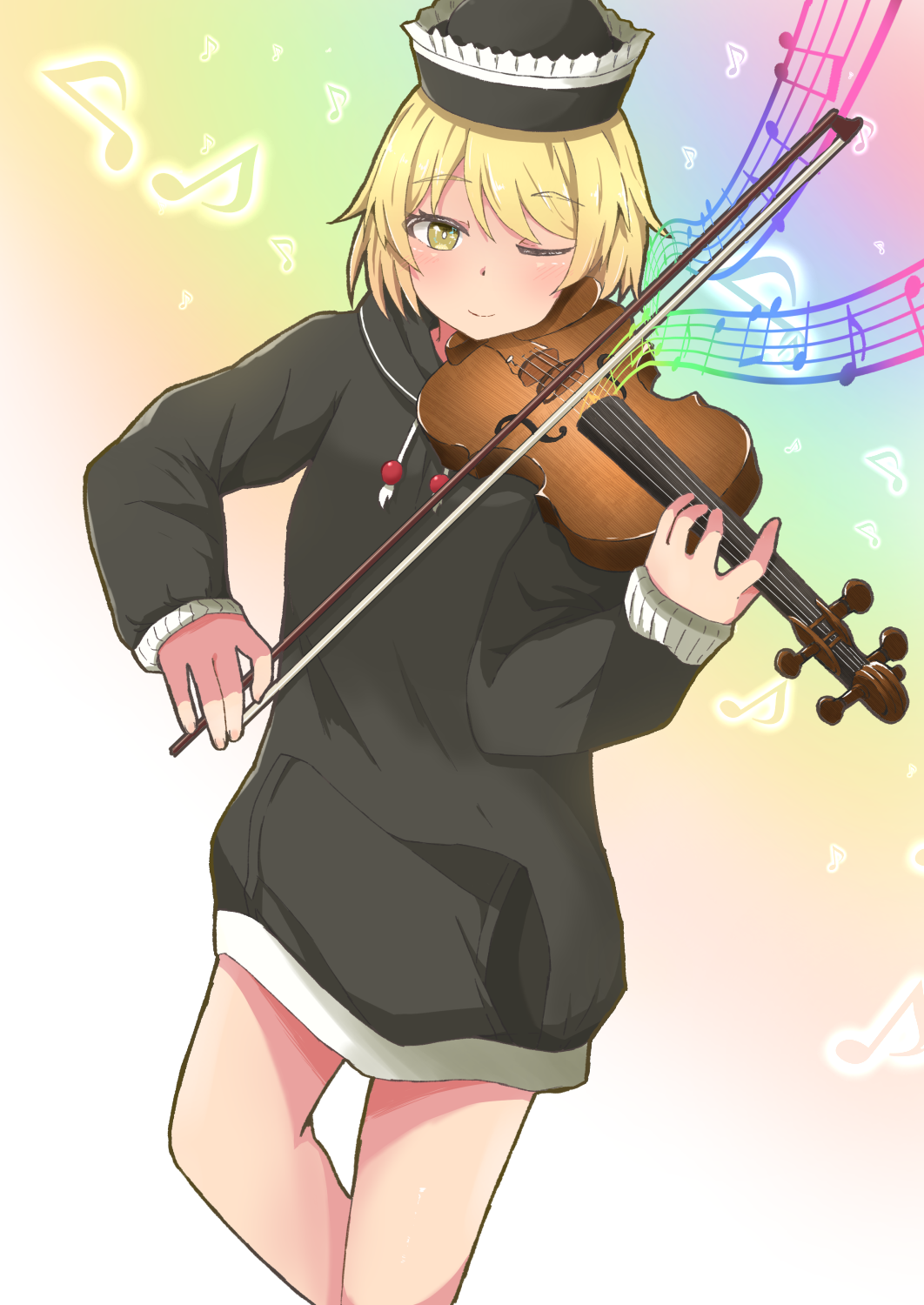 1girl, alternate_costume, black_headwear, black_hoodie, blonde_hair, bow_(instrument), bright_pupils, cropped_legs