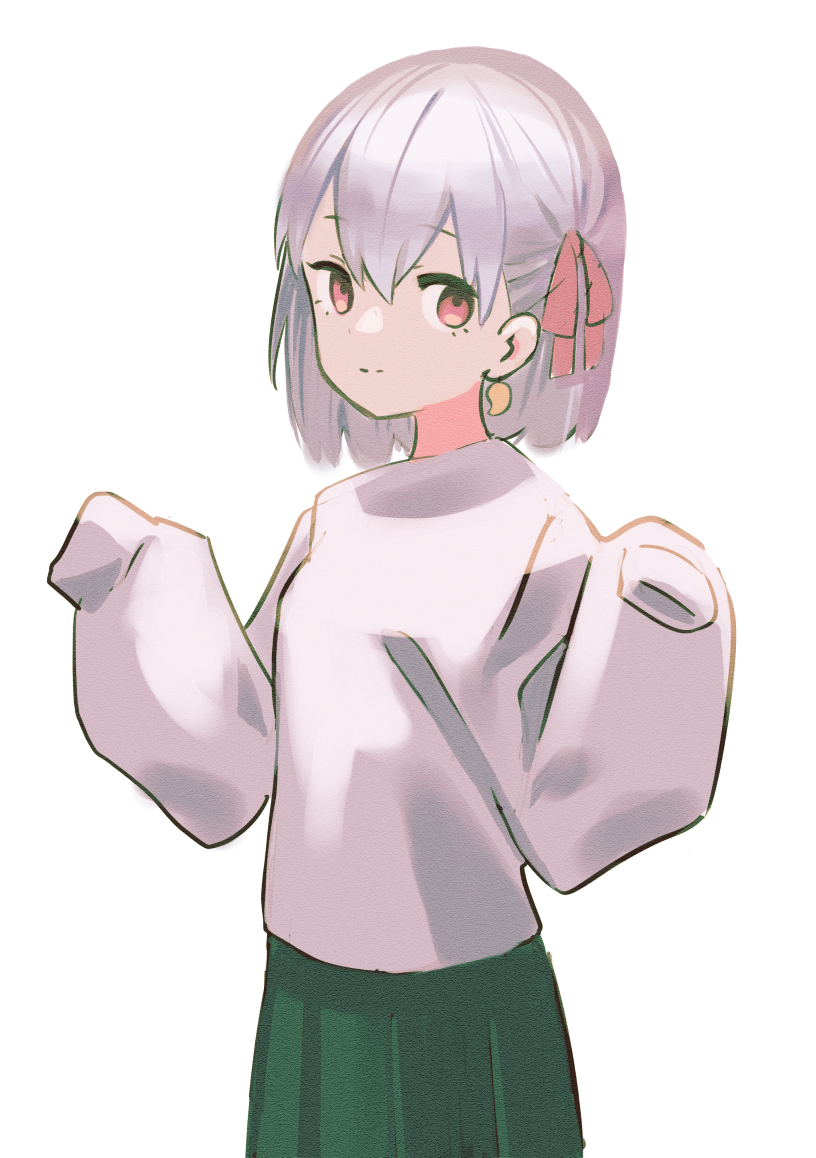 1girl, bangs, breasts, closed_mouth, earrings, fate/grand_order, fate_(series), green_skirt