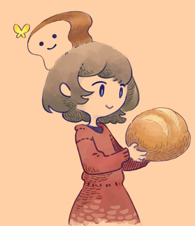 1girl, black_eyes, bread, brown_hair, bug, butterfly, food, food_on_head