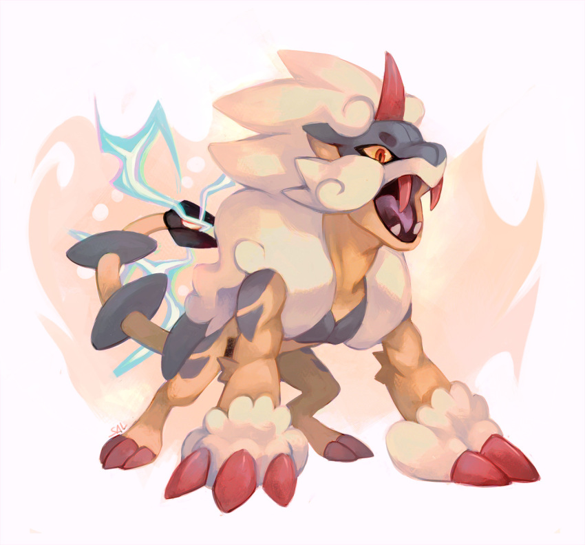 claws, commentary, creature, electricity, english_commentary, fangs, full_body, fusion