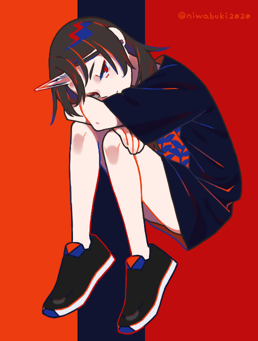 1girl, black_footwear, black_hair, black_shirt, earrings, expressionless, horn, jewelry