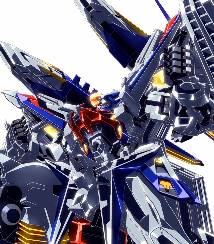 choukou_gasshin_xardion, clenched_hands, gun, joints, mecha, no_humans, robot_joints, simple_background