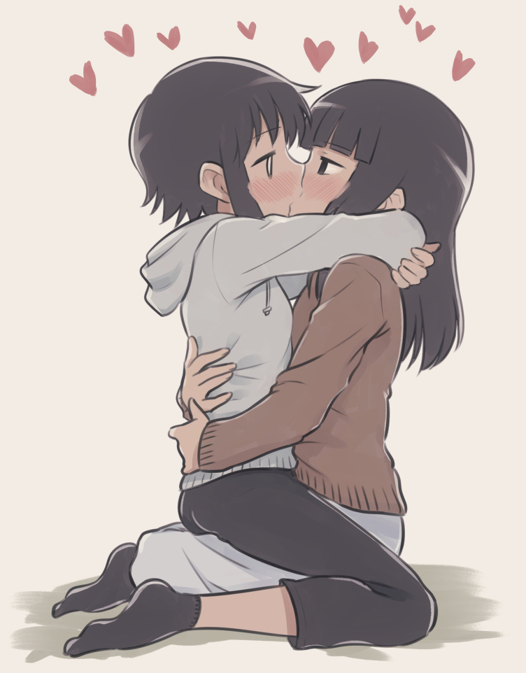 2girls, bernard-jou_iwaku., black_hair, black_legwear, black_pants, blush, capri_pants, casual