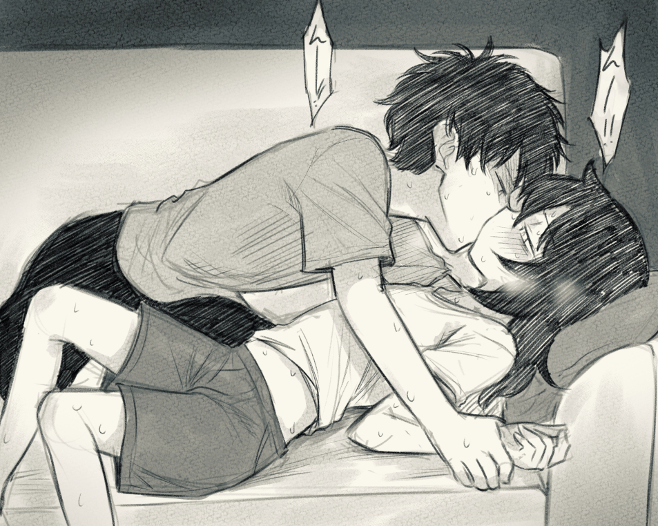 1boy, 1girl, bags_under_eyes, brother_and_sister, casual, commentary, couch, greyscale