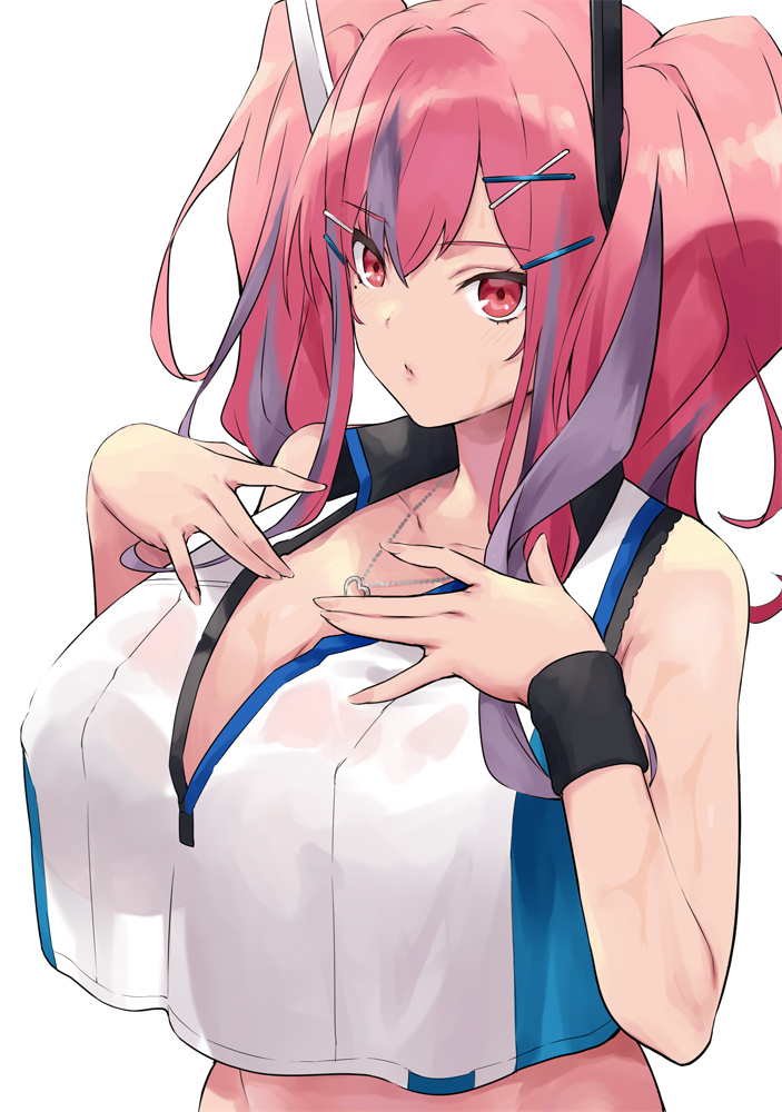 1girl, azur_lane, blush, bowcan, breasts, bremerton_(azur_lane), bremerton_(scorching-hot_training)_(azur_lane), crop_top, crop_top_overhang, eyebrows_visible_through_hair, hair_ornament, heart, heart_necklace, huge_breasts, long_hair, multicolored_hair, pink_eyes, solo, sportswear, streaked_hair, tennis_uniform, two-tone_skirt, x_hair_ornament