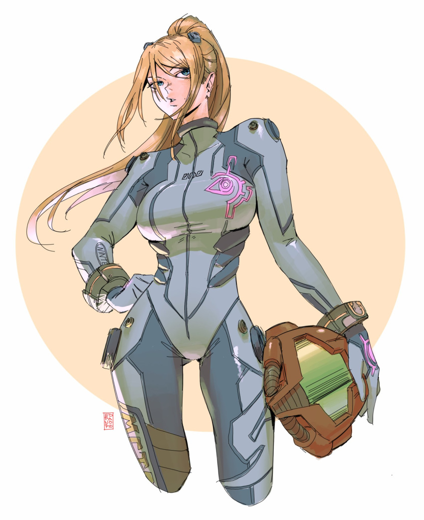 1girl, artist_logo, blonde_hair, blue_bodysuit, blue_eyes, bodysuit, breasts, commentary