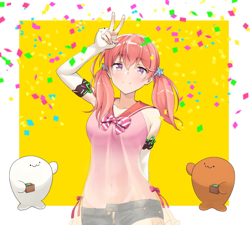 .live, 1girl, abosirom, bangs, black_shorts, blush, breasts, closed_mouth