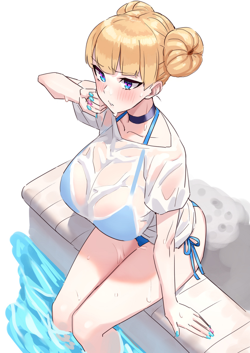 1girl, arm_support, bangs, bikini, bikini_under_clothes, blonde_hair, blue_bikini, blunt_bangs, blush, breasts, choker, collarbone, double_bun, eyebrows_visible_through_hair, halter_top, halterneck, highres, huge_breasts, lina_(michihasu), michihasu, multicolored, multicolored_eyes, multicolored_nails, open_mouth, original, poolside, see-through, shirt, side-tie_bikini, sitting, solo, swimsuit, water, wet, wet_clothes, wet_shirt