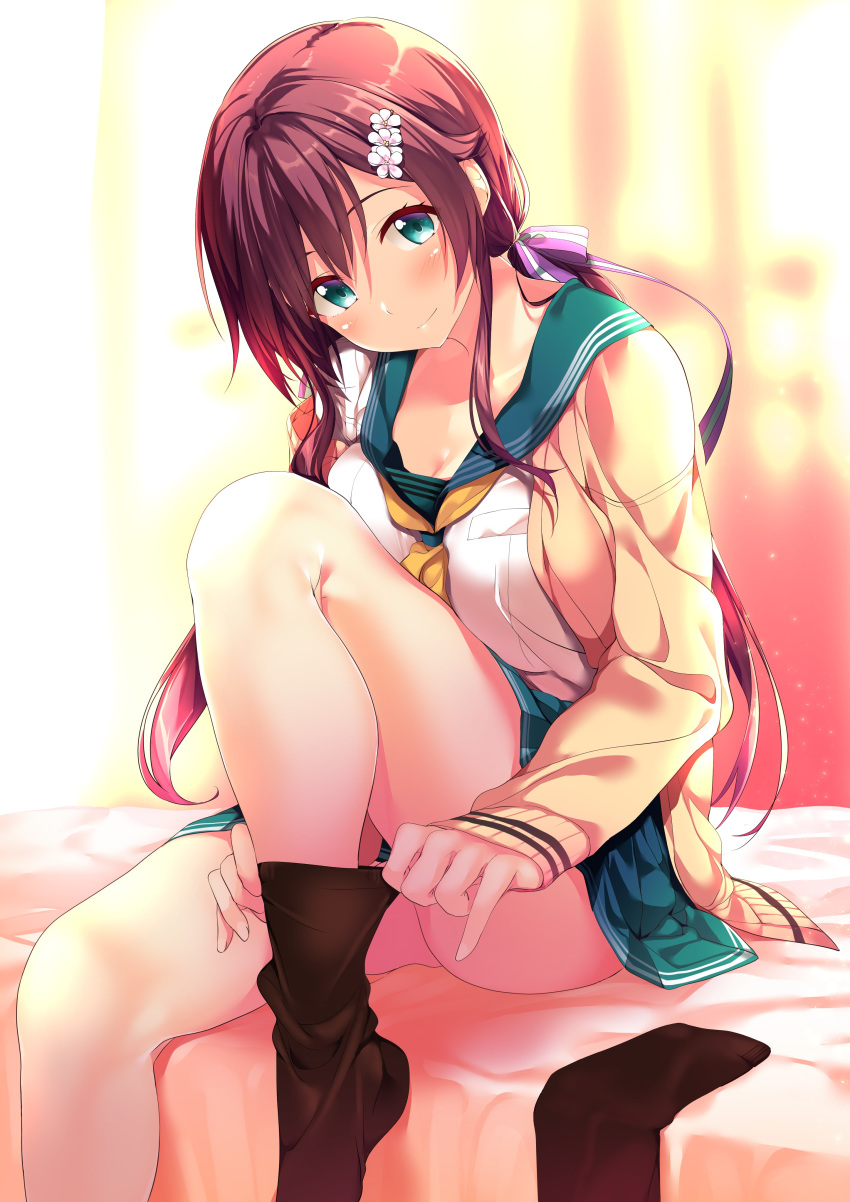 1girl, absurdres, aikagi_(azarashi_soft), aqua_eyes, black_legwear, blue_skirt, blush, brown_hair