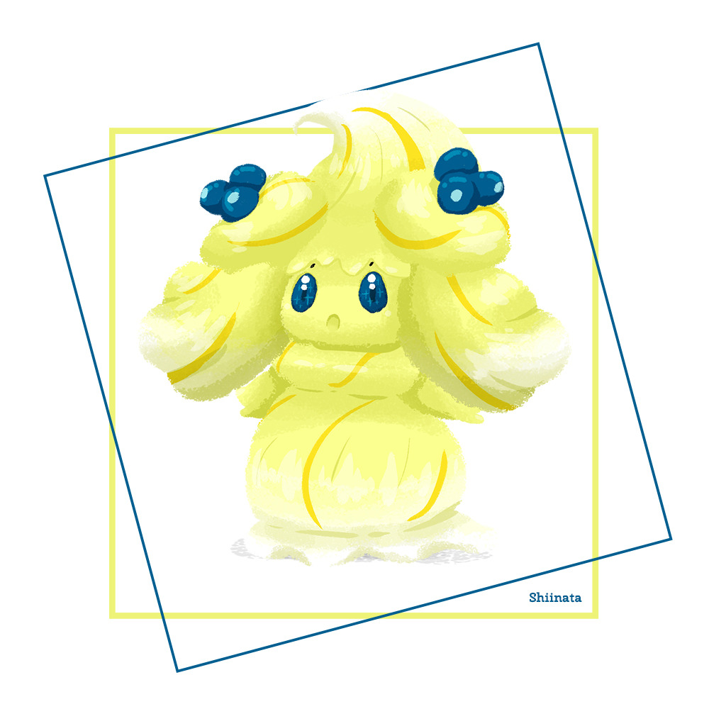 :o, alcremie, alcremie_(berry_sweet), alcremie_(lemon_cream), blue_eyes, creature, full_body, gen_8_pokemon