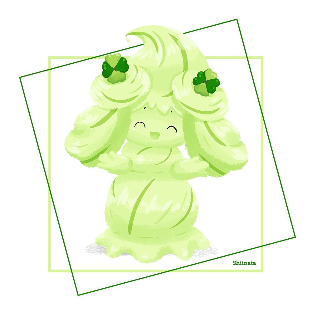 ^_^, alcremie, alcremie_(clover_sweet), alcremie_(matcha_cream), closed_eyes, creature, facing_viewer, full_body