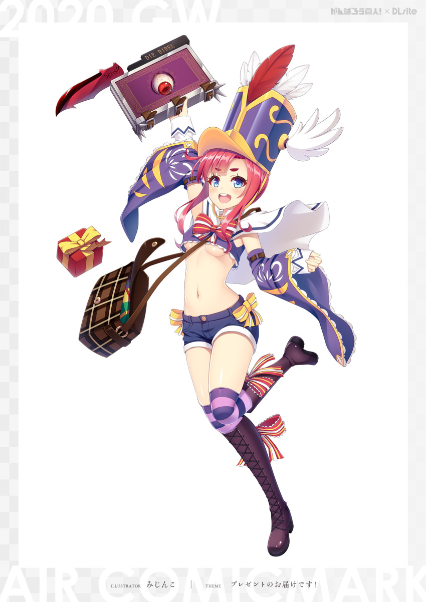 1girl, :d, arm_up, armpits, bag, black_shorts, blue_eyes, book