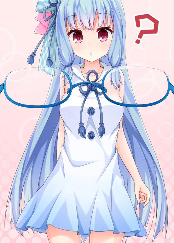 1girl, :o, ?, aatsu, bangs, blue-framed_eyewear, blue_dress, blue_hair