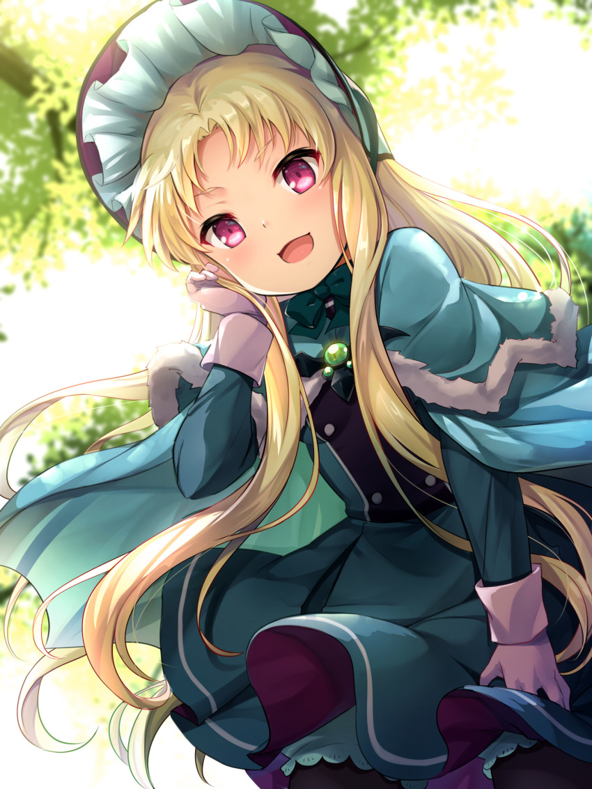 1girl, :d, bangs, blonde_hair, blue_cape, blue_capelet, blue_dress, blurry