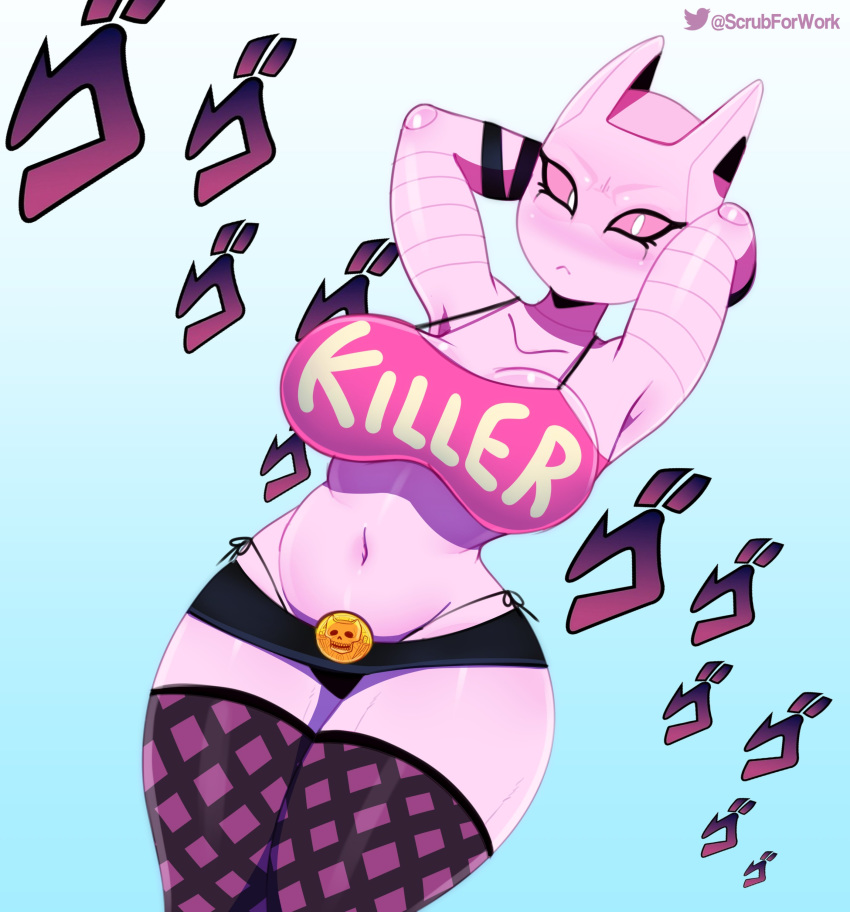 1girl, absurdres, animal_ears, arms_behind_head, bikini, bikini_bottom, blush, bra, breasts, bright_pupils, cat_ears, diamond_wa_kudakenai, highres, jojo_no_kimyou_na_bouken, jojo_pose, killer_queen, large_breasts, looking_at_viewer, miniskirt, navel, no_eyebrows, pink_eyes, pink_skin, pose, scrubforwork, simple_background, skirt, skull, solo, stand_(jojo), swimsuit, thick_thighs, thigh-highs, thighs, twitter_username, underwear, white_pupils