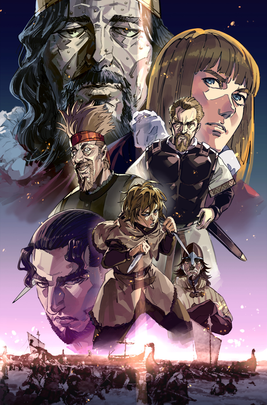 6+boys, absurdres, askeladd, beard, bjorn_(vinland_saga), black_eyes, black_hair, blonde_hair, blue_eyes, breastplate, character_request, closed_mouth, drakkar, dual_wielding, facial_hair, fighting_stance, grin, headband, helmet, highres, holding, holding_knife, knife, looking_at_viewer, male_focus, multiple_boys, mustache, parted_lips, ruukii_drift, sanpaku, scabbard, sheath, ship, smile, soldier, sweyn_(vinland_saga), thorfinn, thorkell, viking, vinland_saga, watercraft