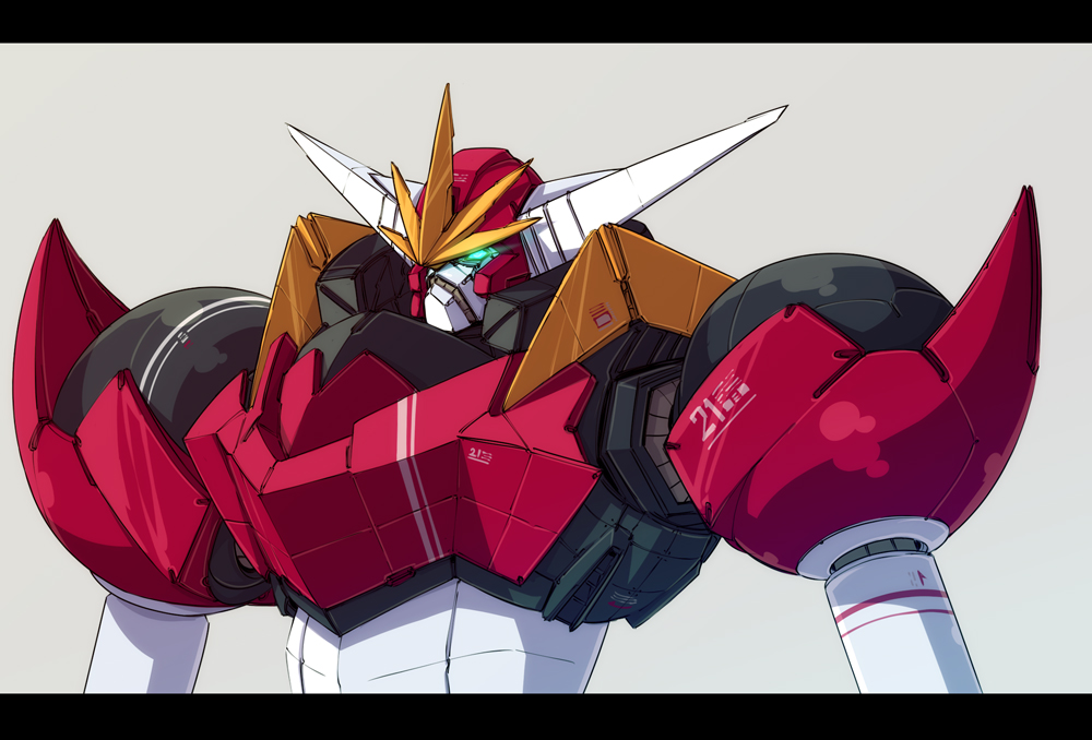 dai-guard, dai-guard_(robot), green_eyes, grey_background, horns, looking_to_the_side, mecha, nekomamire
