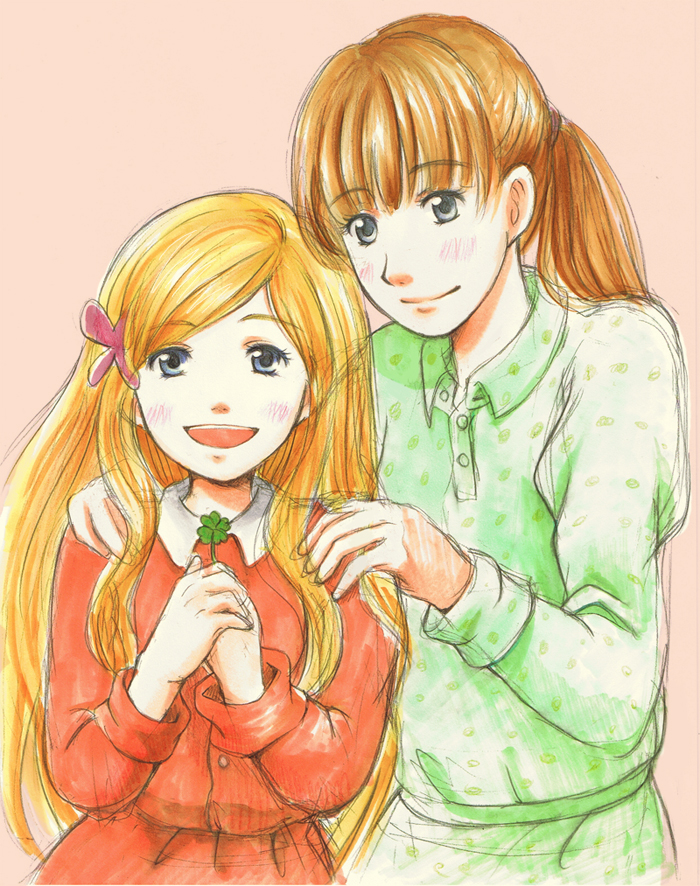 2girls, :d, blue_eyes, blush, brown_hair, butterfly_hair_ornament, clover, four-leaf_clover