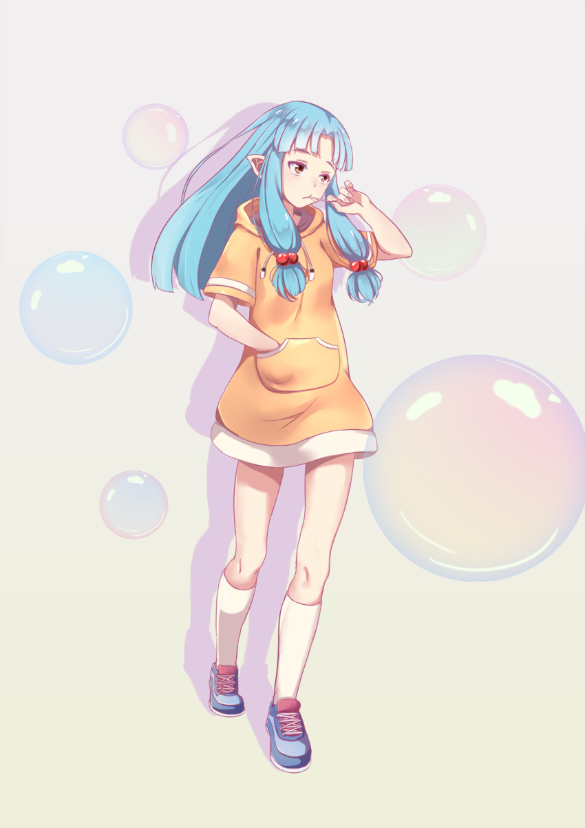 1girl, blue_hair, chinese_commentary, commentary_request, drawstring, full_body, hair_bobbles, hair_ornament