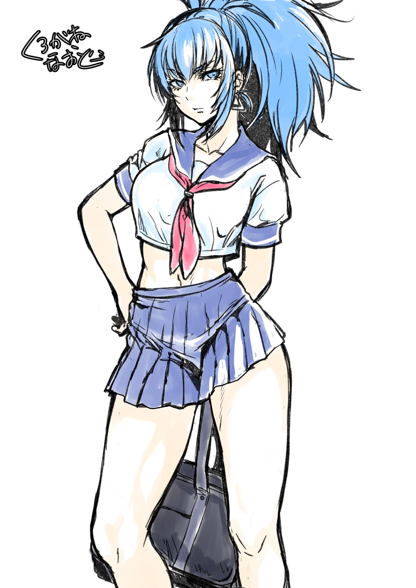 1girl, absurdres, bag, blue_hair, contrapposto, earrings, highres, jewelry