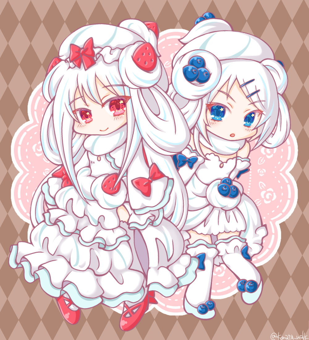 2girls, alcremie, alcremie_(berry_sweet), alcremie_(salted_cream), alcremie_(strawberry_sweet), argyle, argyle_background, blue_eyes