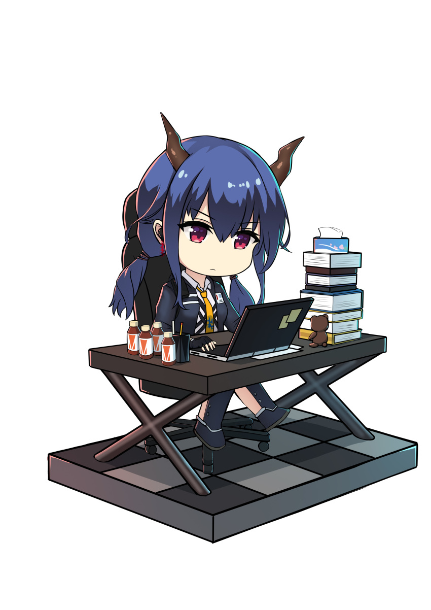 1girl, absurdres, arknights, bangs, black_gloves, black_jacket, blue_hair, book_stack
