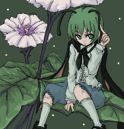 cape, fireflies, flower, green_eyes, green_hair, leaf, lowres, nora_(artist)